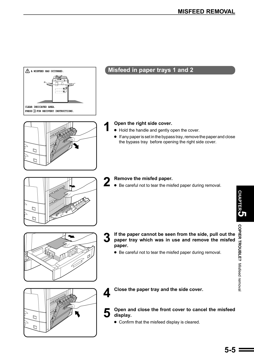 Sharp AR-287 manual Misfeed in paper trays 1 