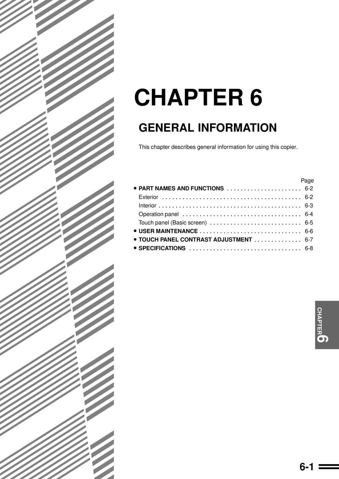 Sharp AR-287 manual General Information, Chapter, Part Names And Functions, Touch Panel Contrast Adjustment 