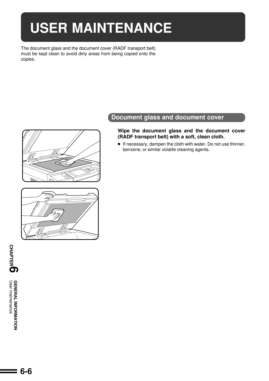 Sharp AR-287 manual User Maintenance, Document glass and document cover 