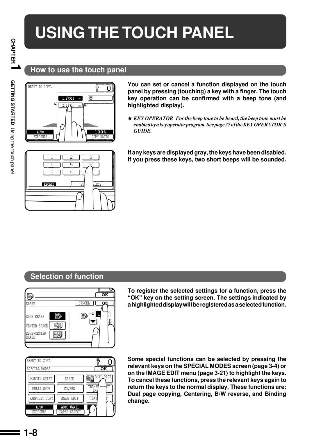 Sharp AR-287 manual Using The Touch Panel, How to use the touch panel, Selection of function 