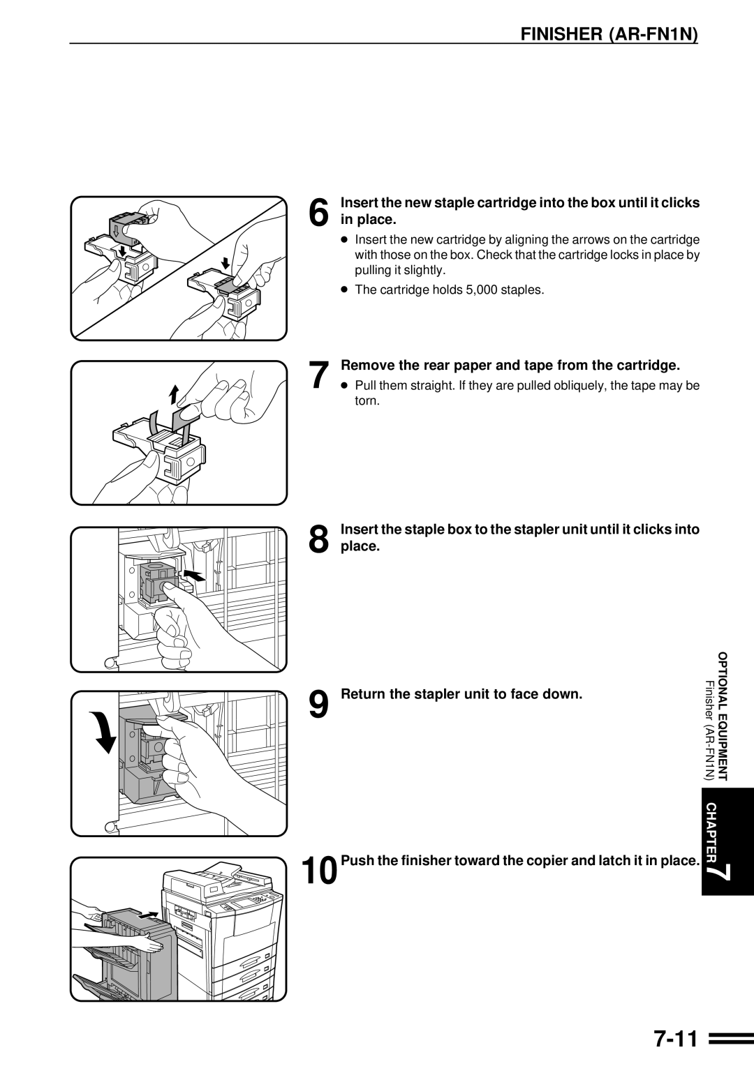 Sharp AR-287 manual 7-11, Insert the new staple cartridge into the box until it clicks, in place 