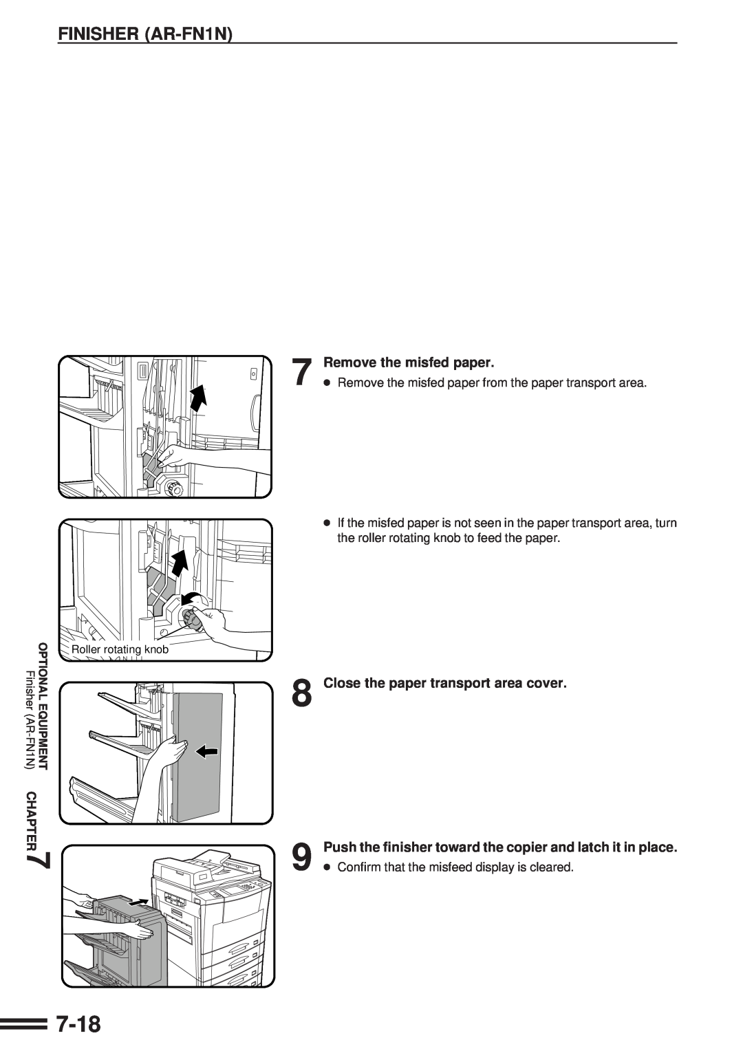 Sharp AR-287 manual 7-18, Remove the misfed paper, Close the paper transport area cover 
