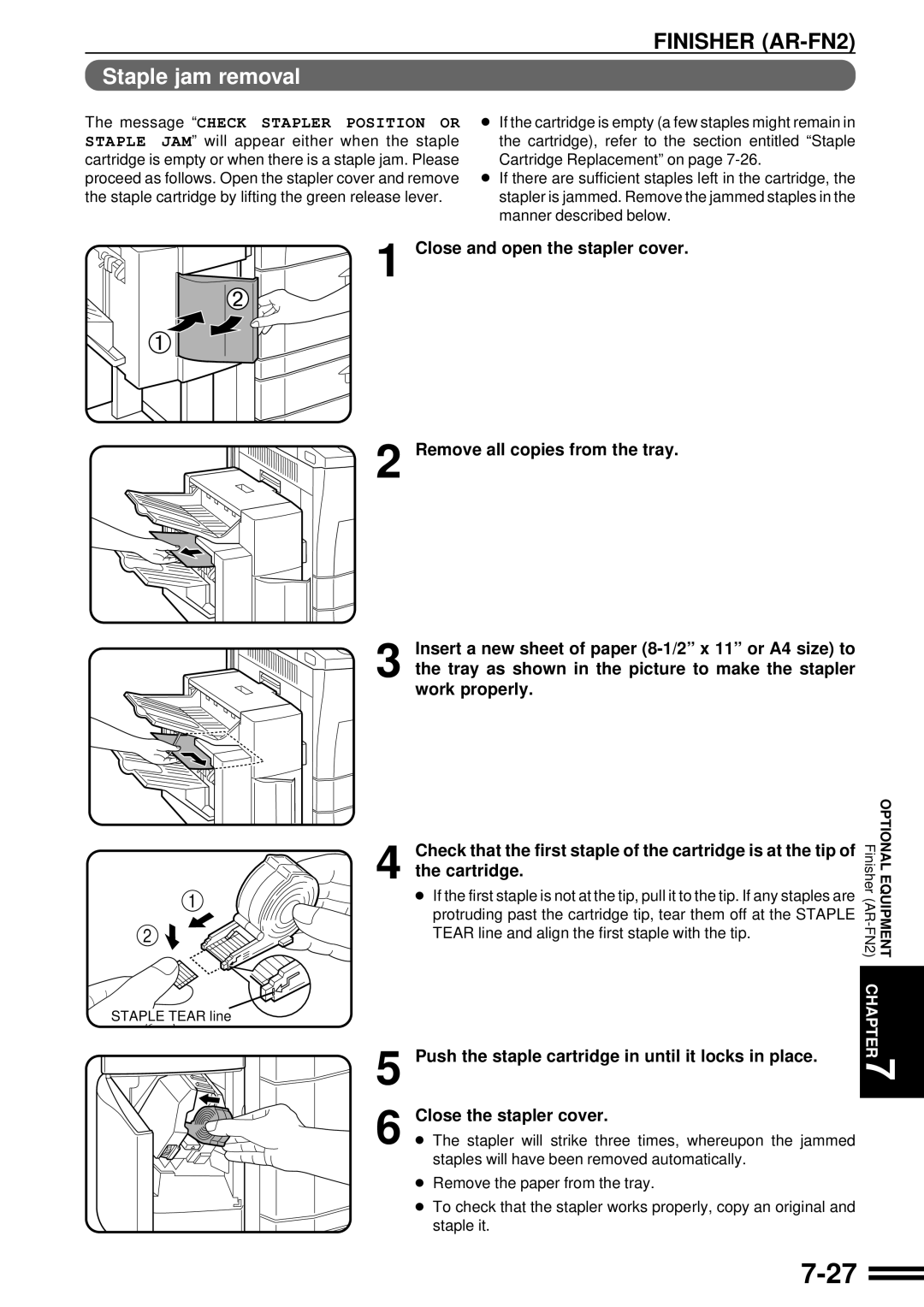 Sharp AR-287 7-27, Staple jam removal, Close and open the stapler cover 2 Remove all copies from the tray, the cartridge 