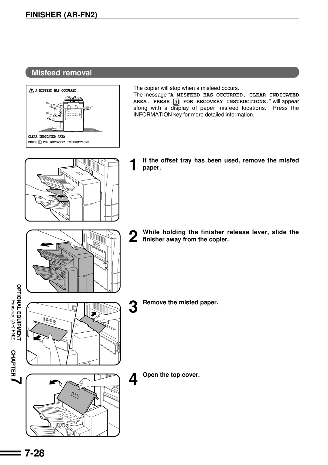 Sharp AR-287 manual 7-28, Misfeed removal, If the offset tray has been used, remove the misfed paper 