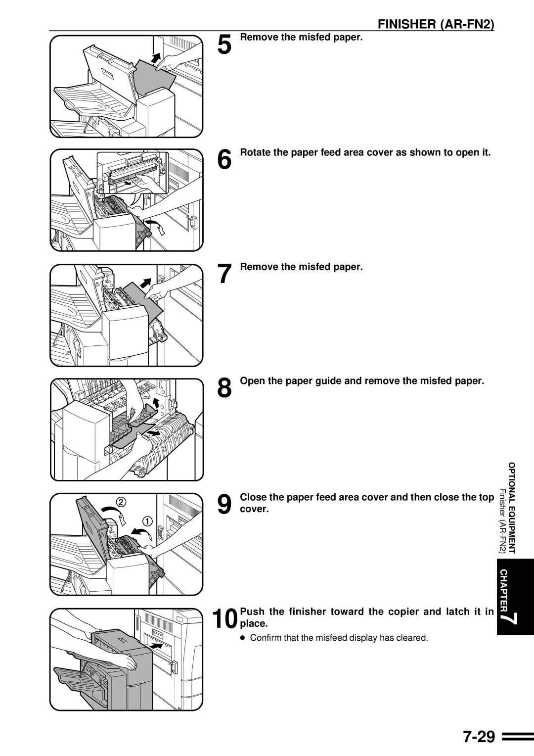 Sharp AR-287 manual 7-29, Remove the misfed paper, Rotate the paper feed area cover as shown to open it, Optional Equipment 