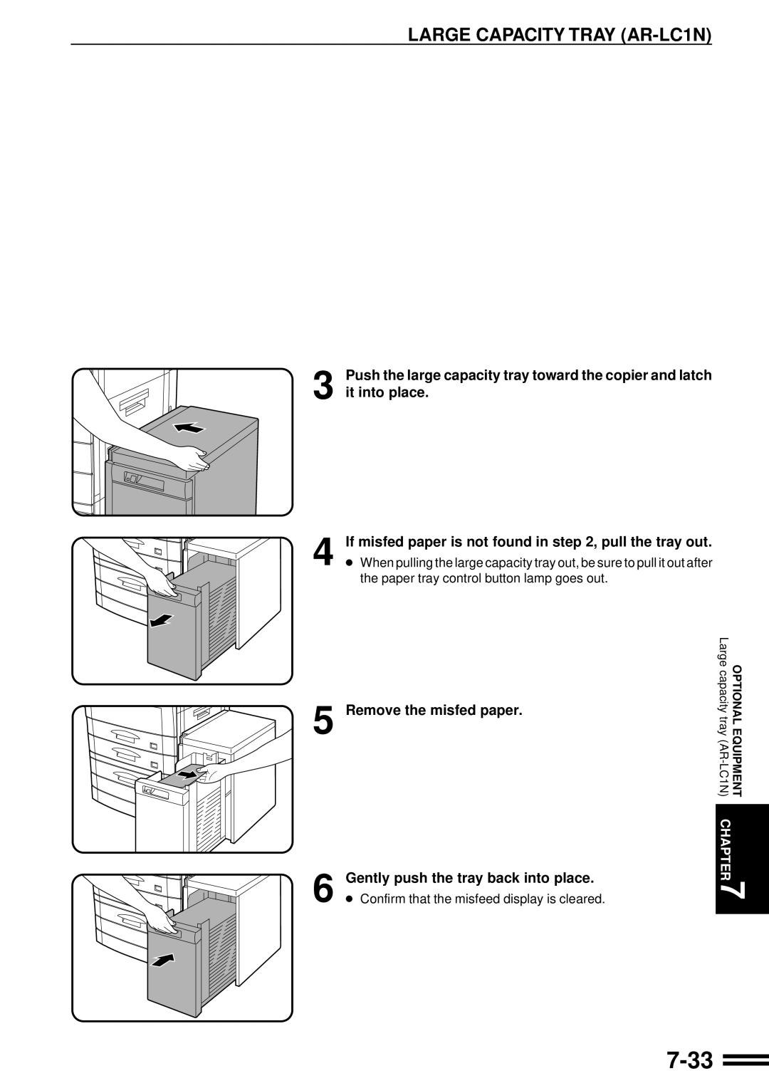 Sharp AR-287 manual 7-33, If misfed paper is not found in , pull the tray out, Remove the misfed paper, Optional Equipment 