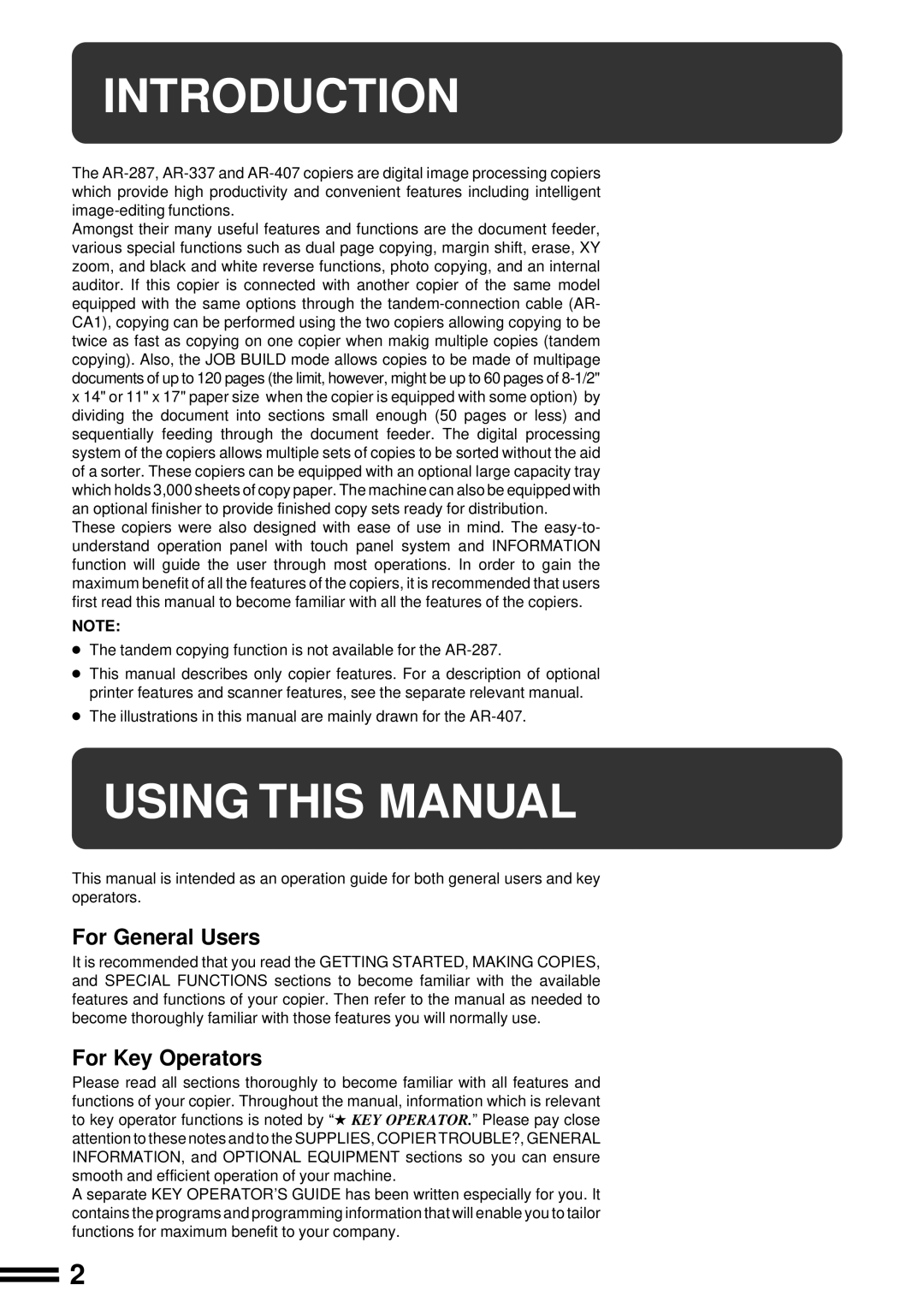 Sharp AR-287 manual Introduction, Using This Manual, For General Users, For Key Operators 