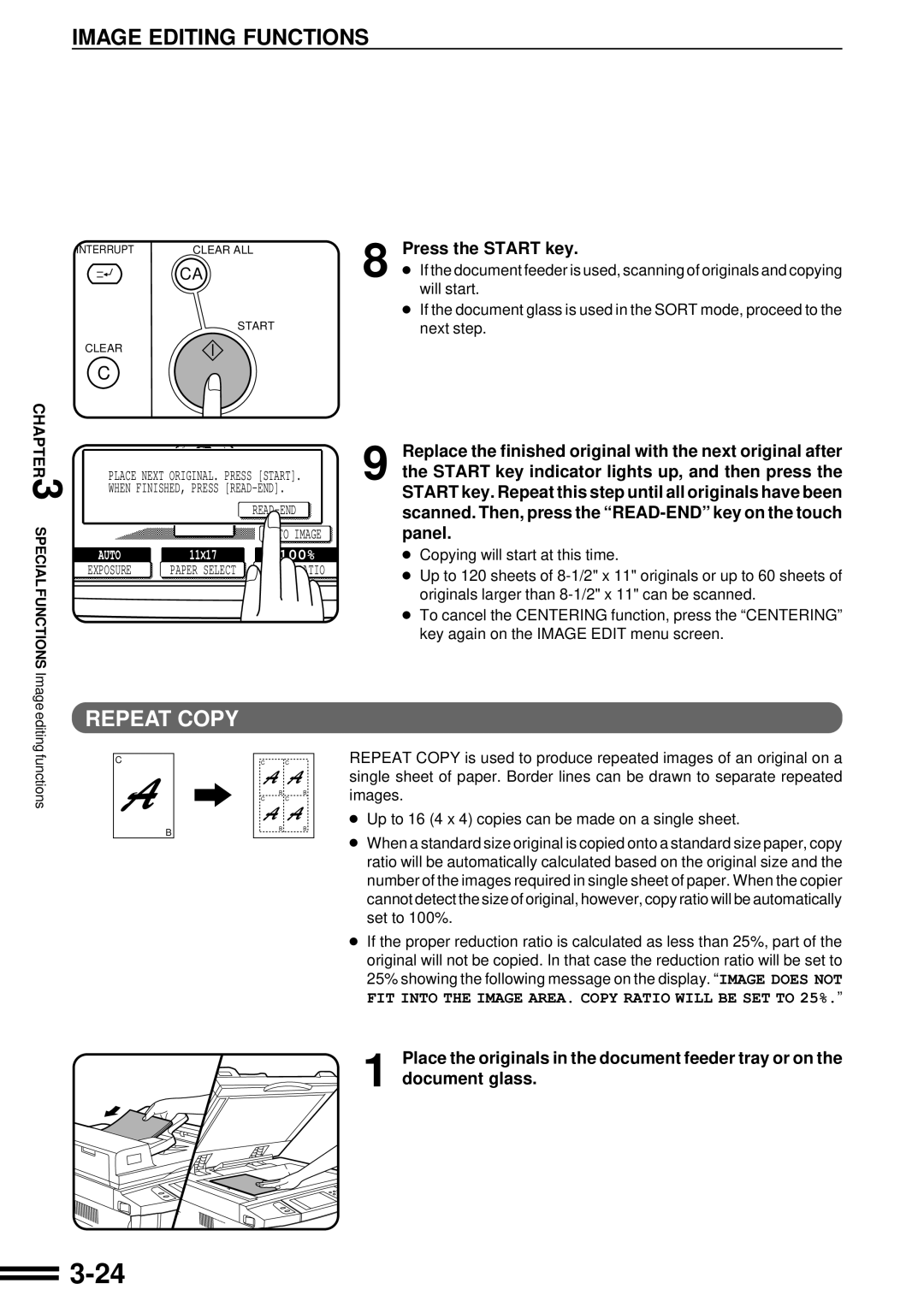 Sharp AR-287 manual 3-24, Repeat Copy, Press the START key, Replace the finished original with the next original after 