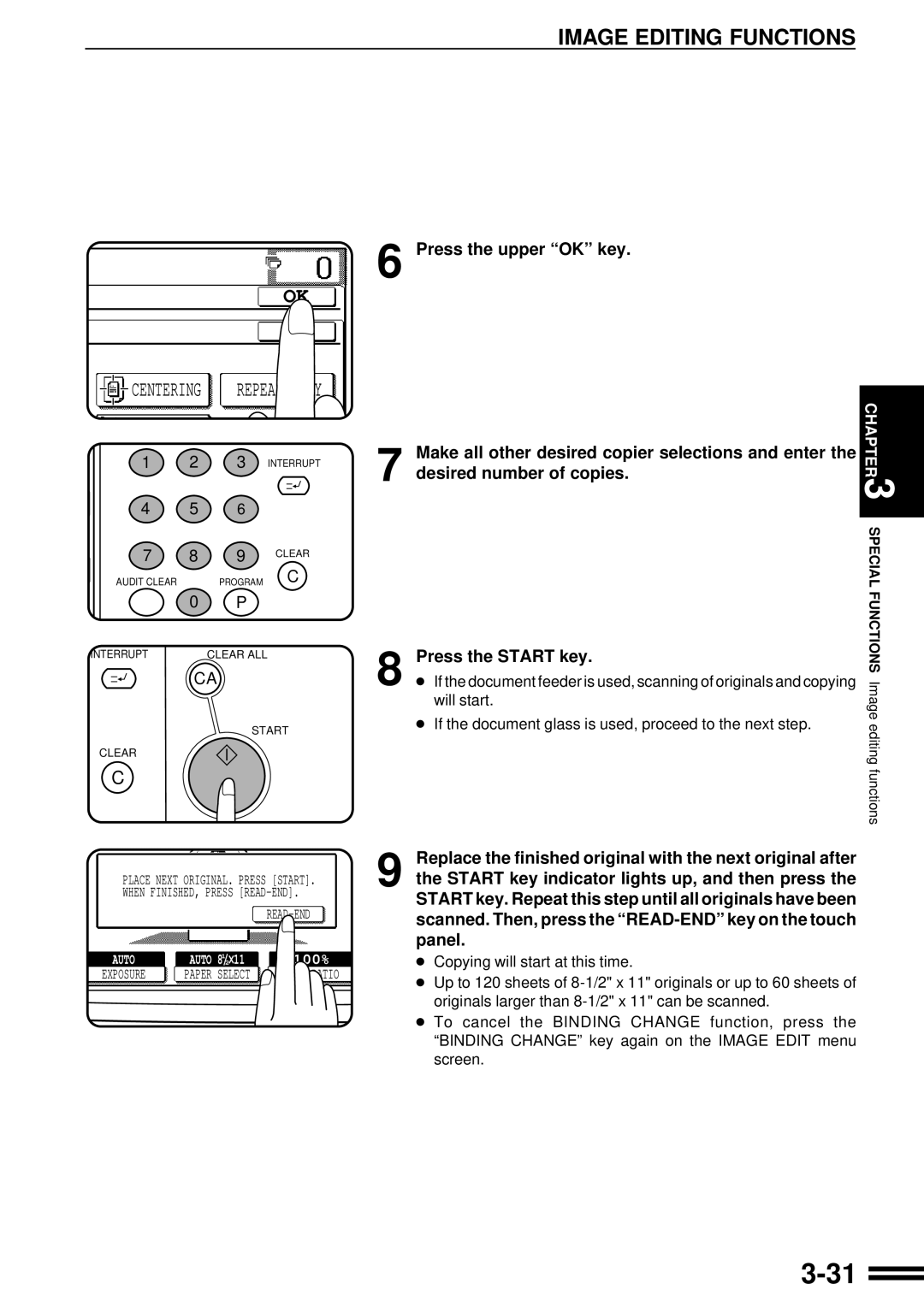 Sharp AR-287 manual 3-31, Ok Ok, Centering, Press the upper “OK” key, desired number of copies, Press the START key, 100% 