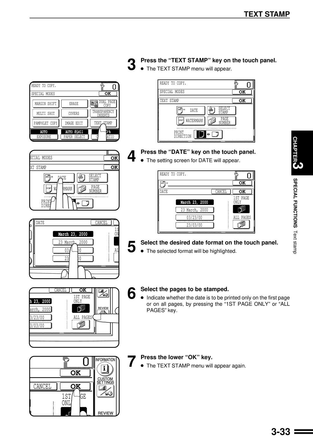 Sharp AR-287 manual 3-33, Cancel Ok, Press the “TEXT STAMP” key on the touch panel, Select the pages to be stamped 