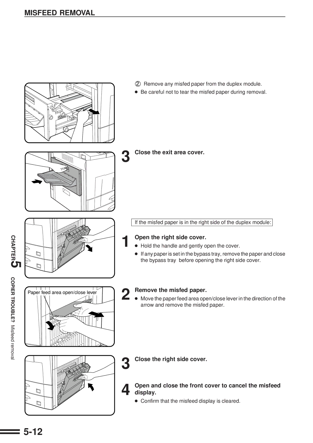 Sharp AR-507 operation manual Close the exit area cover, Open the right side cover 