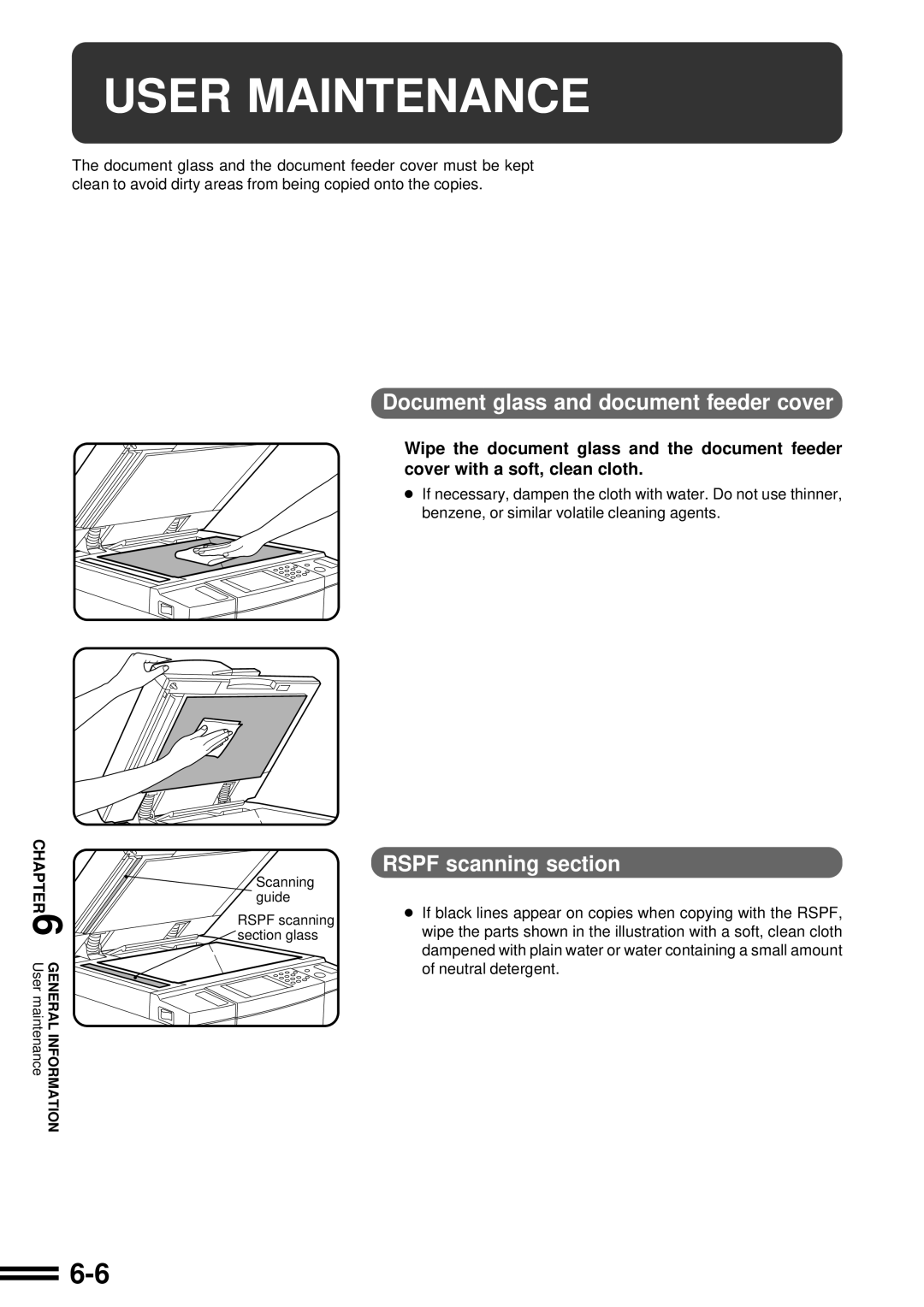 Sharp AR-507 operation manual User Maintenance, Document glass and document feeder cover, Rspf scanning section 