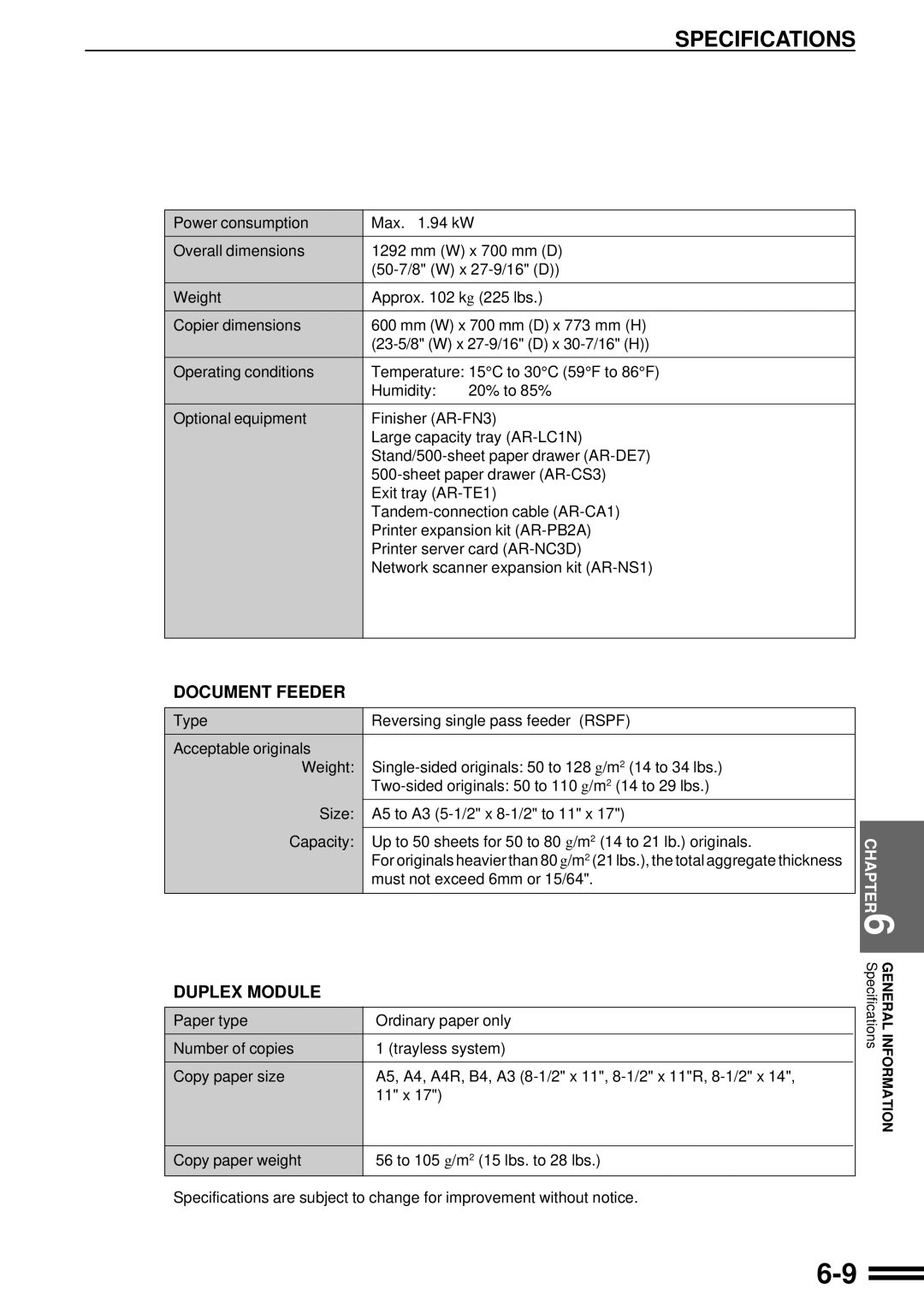 Sharp AR-507 operation manual Specifications, Document Feeder 