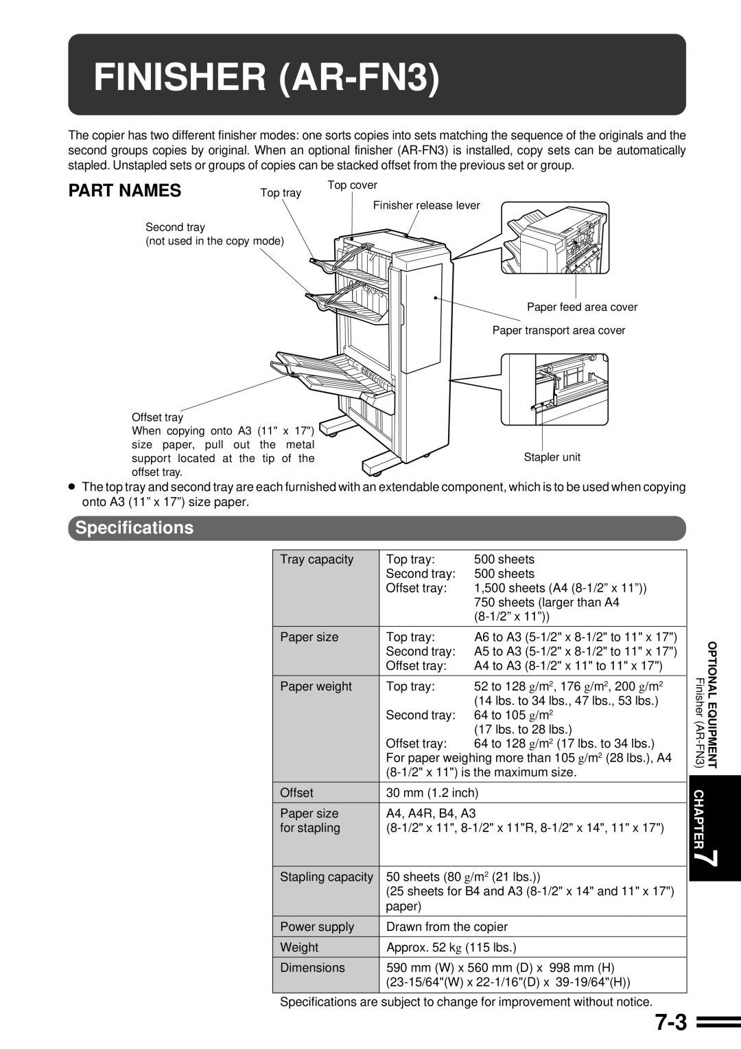 Sharp AR-507 operation manual Finisher AR-FN3, Part Names, Specifications 