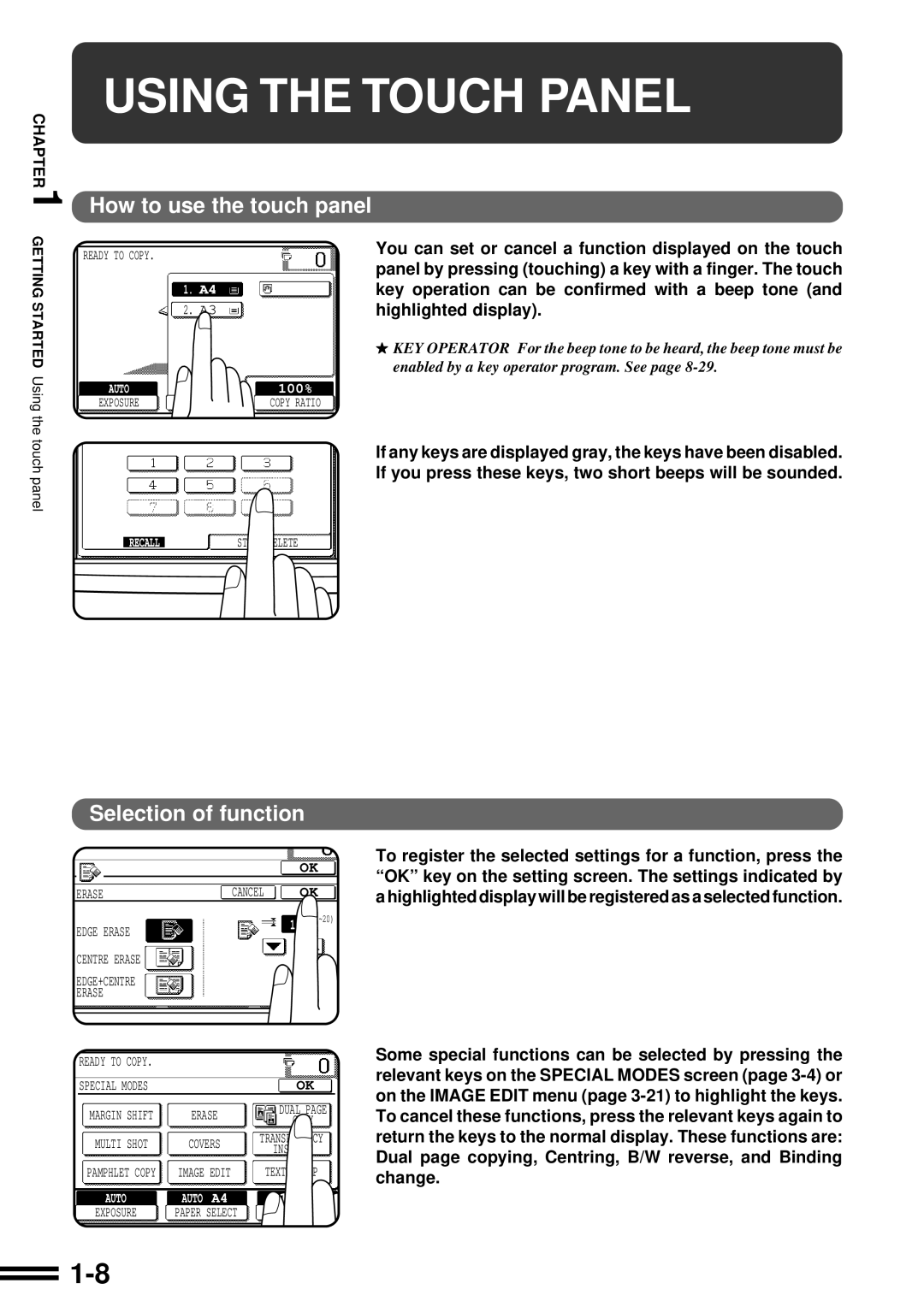 Sharp AR-507 operation manual Using the Touch Panel, How to use the touch panel, Selection of function 