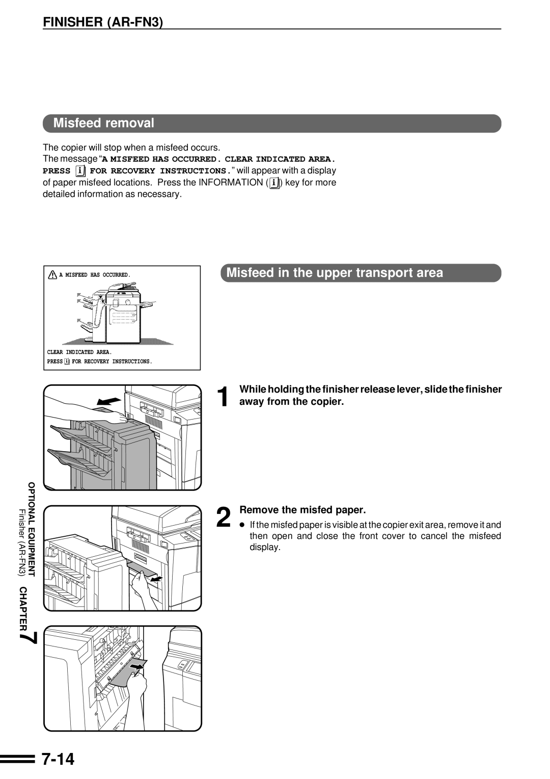 Sharp AR-507 operation manual Misfeed removal, Misfeed in the upper transport area 