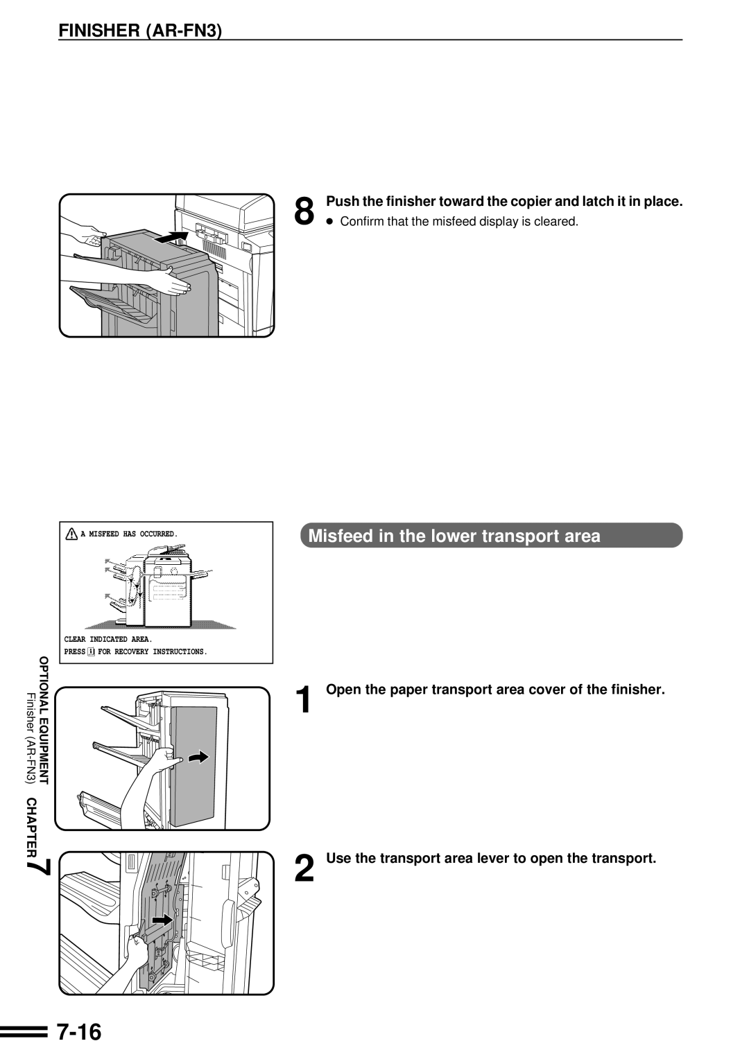 Sharp AR-507 Misfeed in the lower transport area, Push the finisher toward the copier and latch it in place 