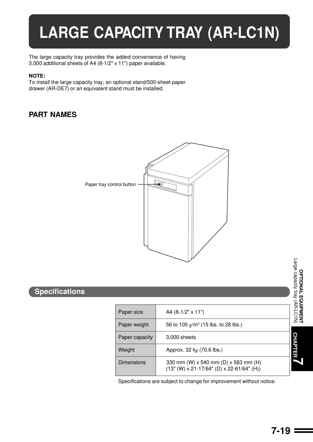 Sharp AR-507 operation manual Large Capacity Tray AR-LC1N, Specifications 