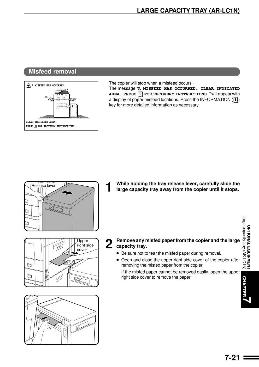 Sharp AR-507 operation manual Large Capacity Tray AR-LC1N, Misfeed removal 