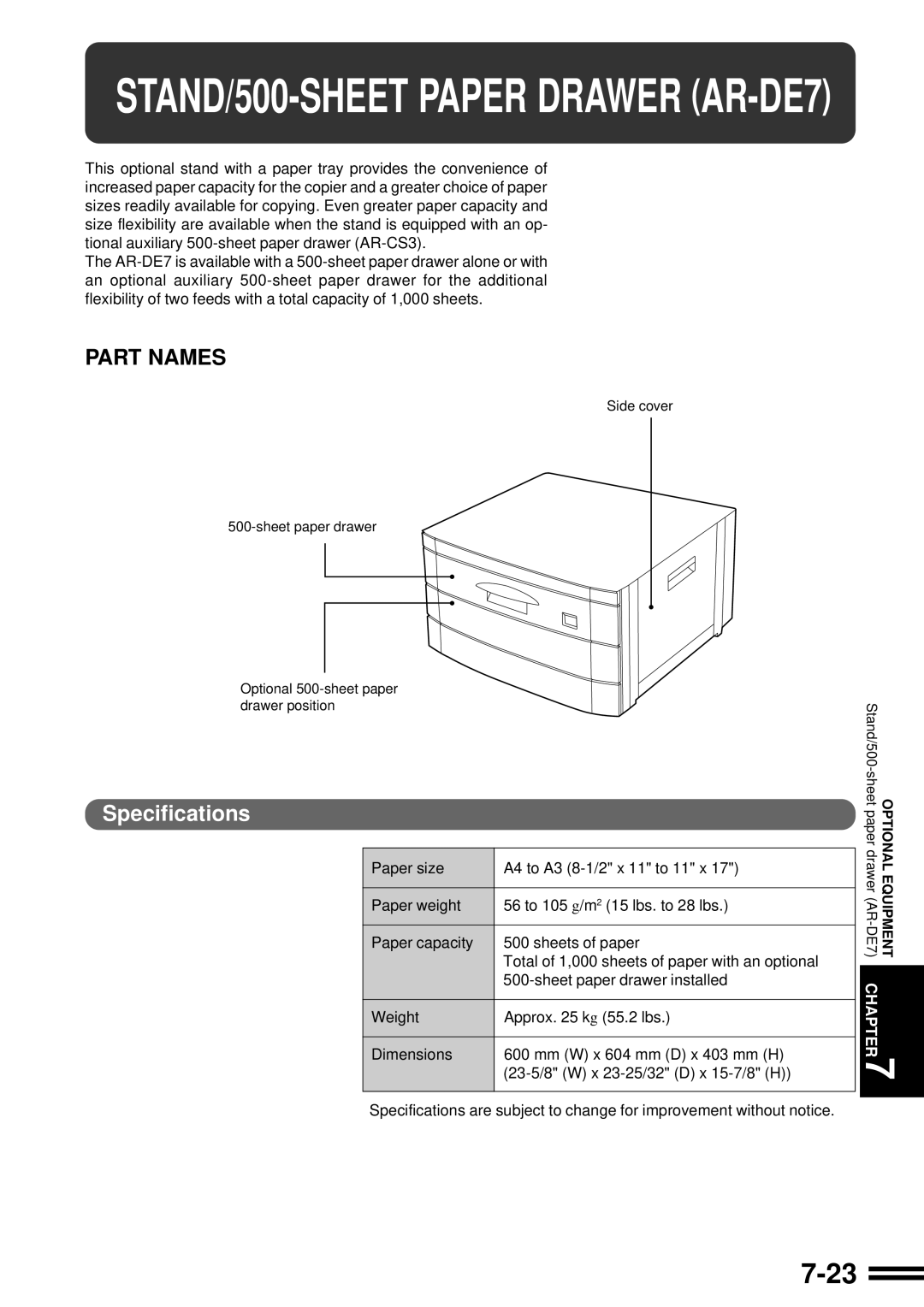 Sharp AR-507 operation manual STAND/500-SHEET Paper Drawer AR-DE7 