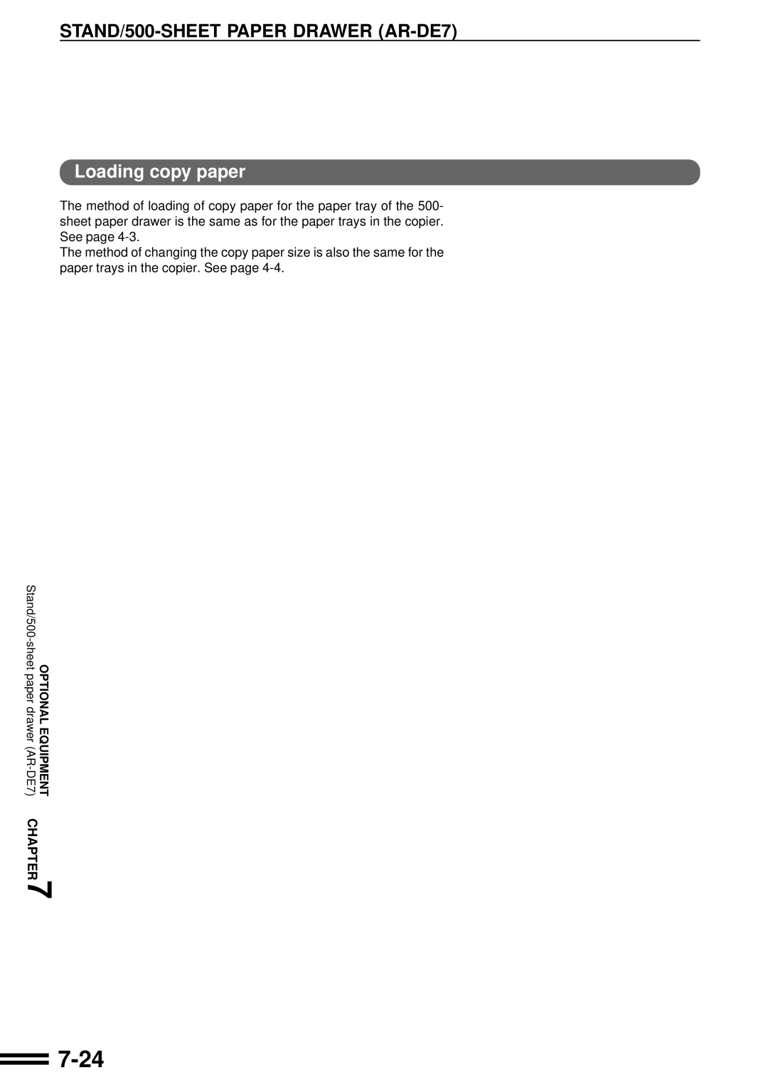 Sharp AR-507 operation manual STAND/500-SHEET Paper Drawer AR-DE7, Loading copy paper 