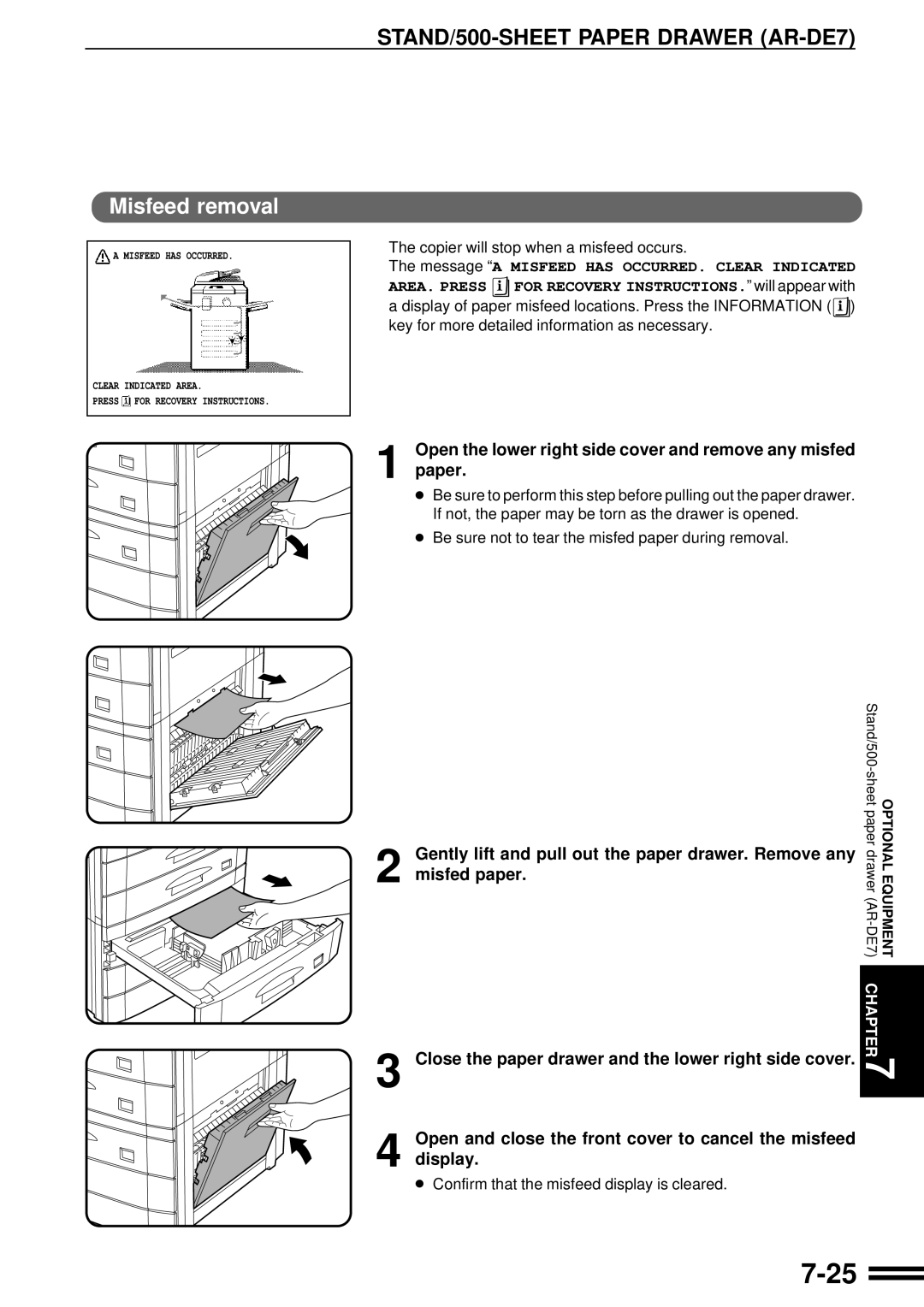 Sharp AR-507 operation manual Misfeed removal, Open the lower right side cover and remove any misfed paper 