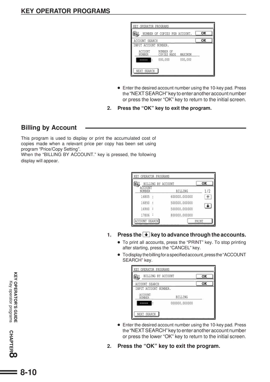 Sharp AR-507 operation manual Billing by Account, Press the OK key to exit the program 