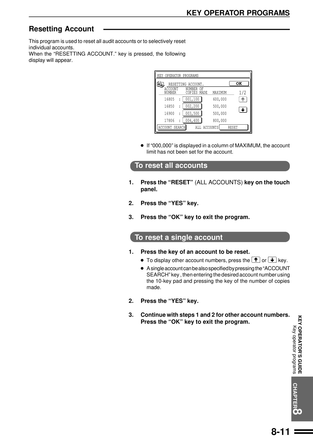 Sharp AR-507 Resetting Account, To reset all accounts, To reset a single account, Press the key of an account to be reset 