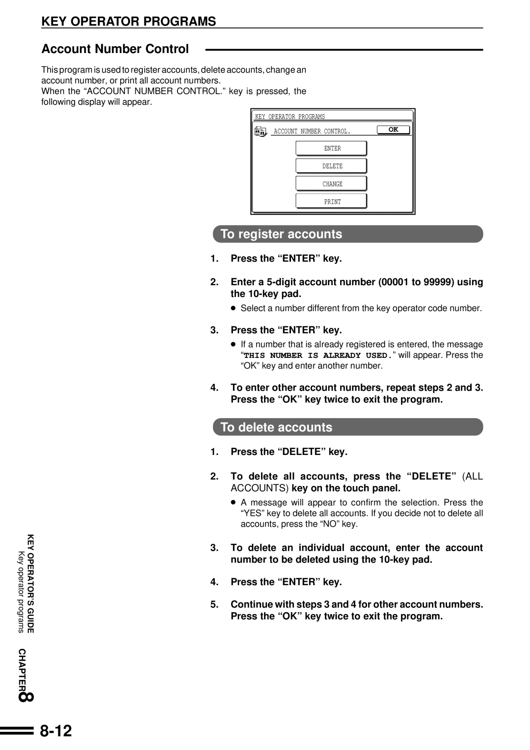 Sharp AR-507 operation manual Account Number Control, To register accounts, To delete accounts, Press the Enter key 