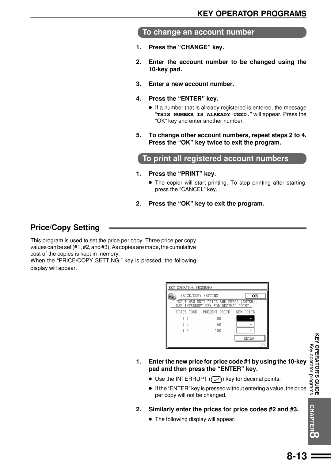 Sharp AR-507 To change an account number, To print all registered account numbers, Price/Copy Setting, Press the Print key 