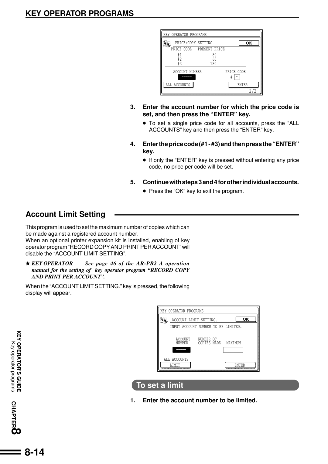 Sharp AR-507 Account Limit Setting, To set a limit, Enter the price code #1 #3 and then press the Enter key 