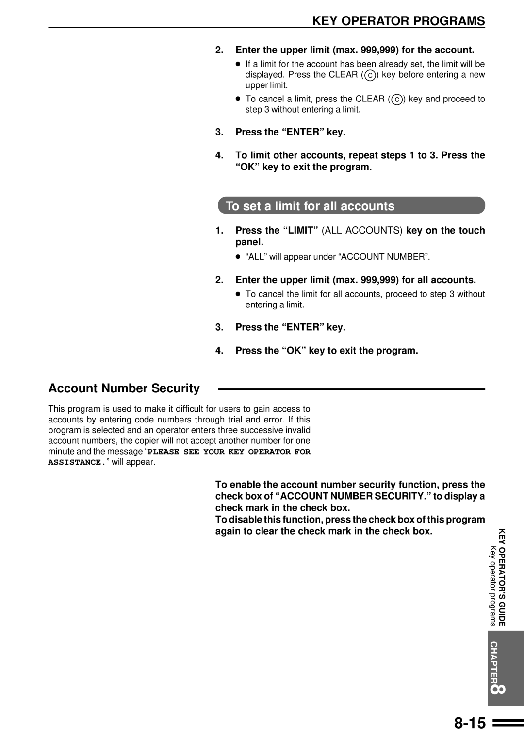 Sharp AR-507 operation manual To set a limit for all accounts, Account Number Security 