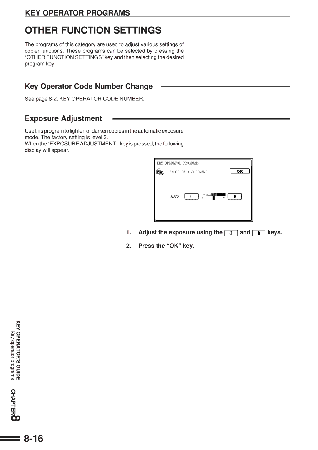 Sharp AR-507 Key Operator Code Number Change, Exposure Adjustment, Adjust the exposure using the and keys Press the OK key 