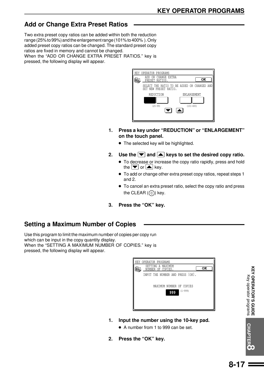 Sharp AR-507 Add or Change Extra Preset Ratios, Setting a Maximum Number of Copies, Input the number using the 10-key pad 