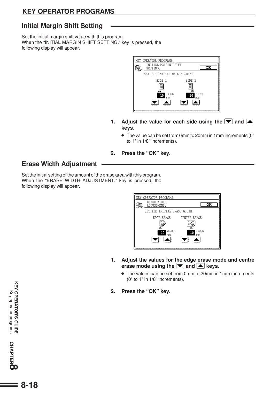 Sharp AR-507 Initial Margin Shift Setting, Erase Width Adjustment, Adjust the value for each side using the and keys 