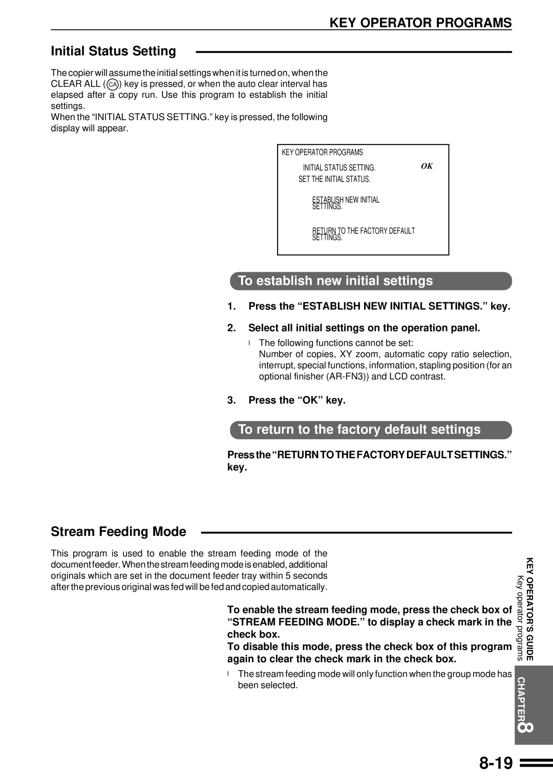 Sharp AR-507 Initial Status Setting, To establish new initial settings, To return to the factory default settings 