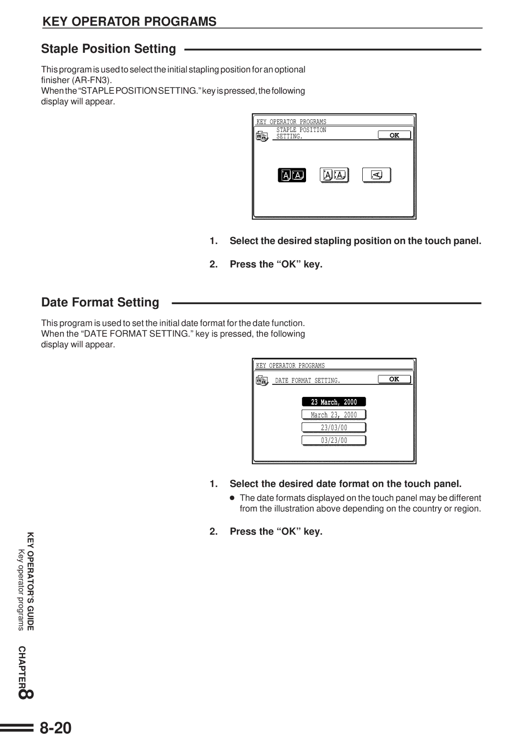 Sharp AR-507 operation manual Staple Position Setting, Date Format Setting 