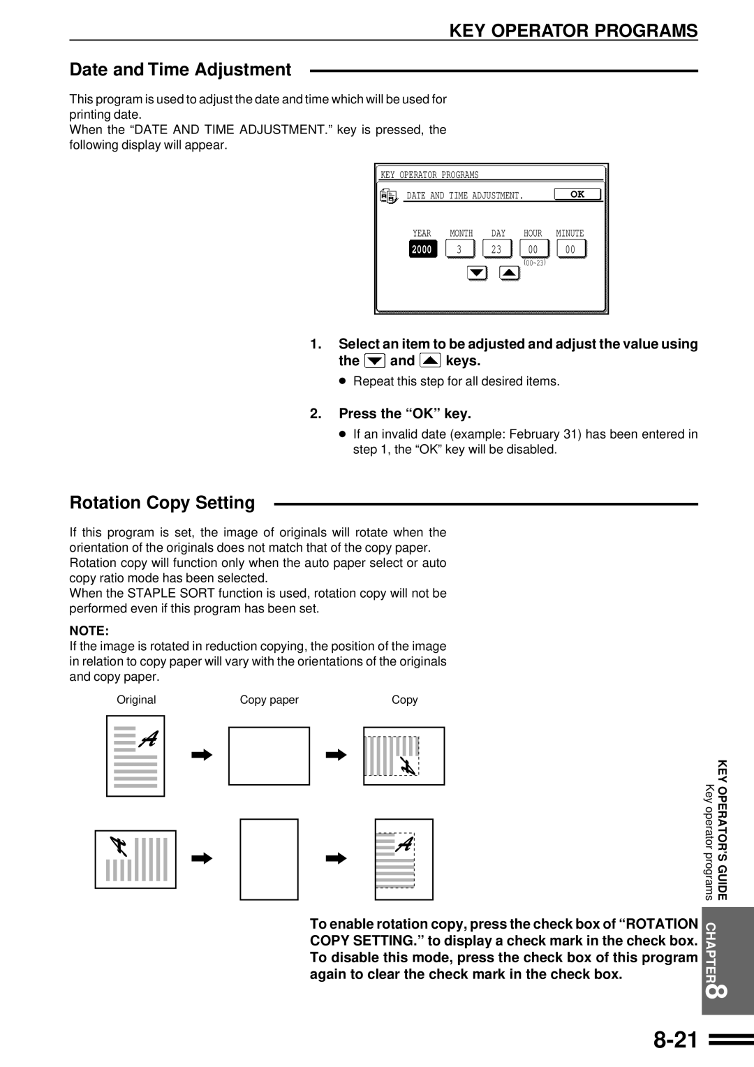 Sharp AR-507 operation manual Date and Time Adjustment, Rotation Copy Setting 