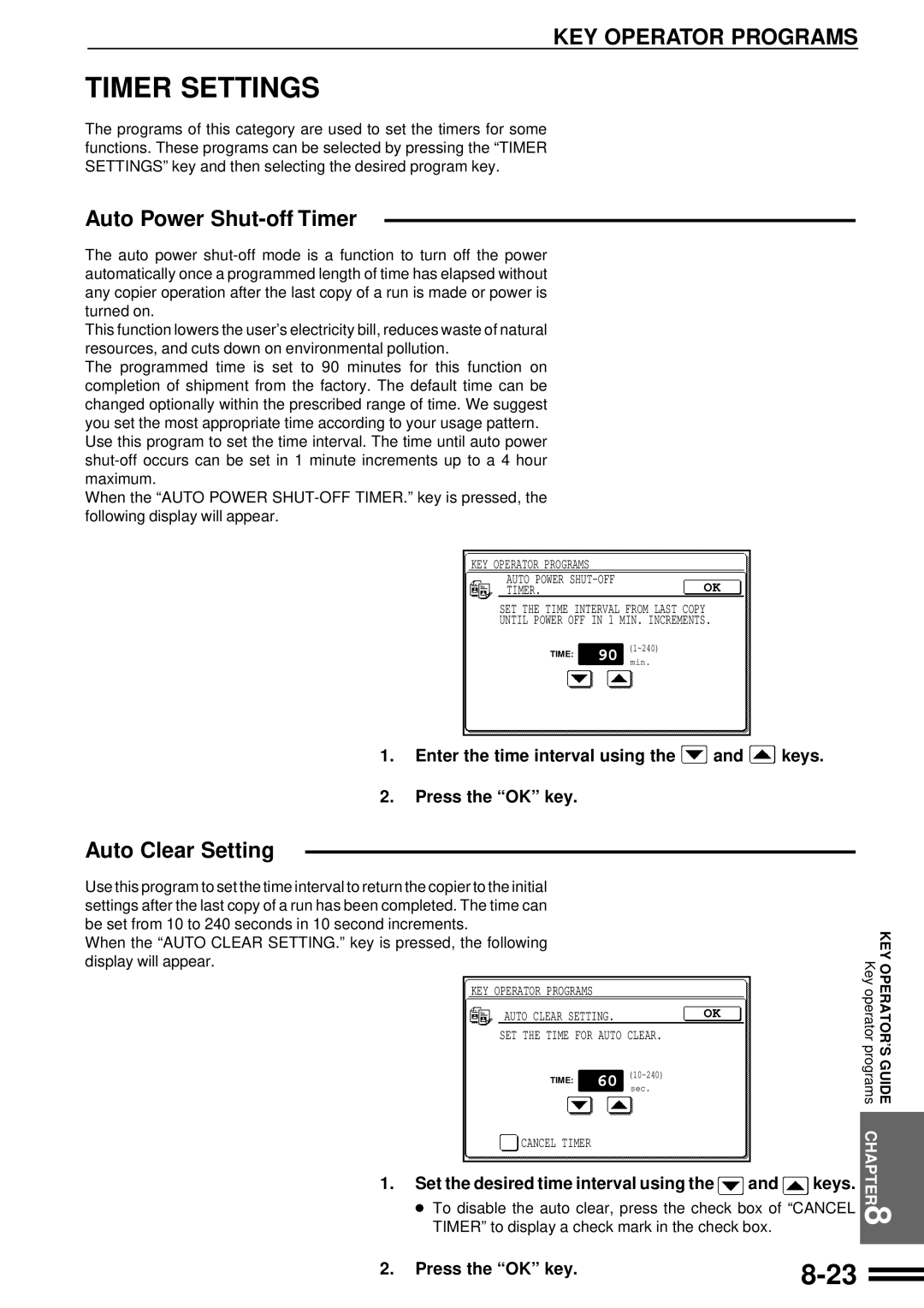 Sharp AR-507 Auto Power Shut-off Timer, Auto Clear Setting, Enter the time interval using the and keys Press the OK key 