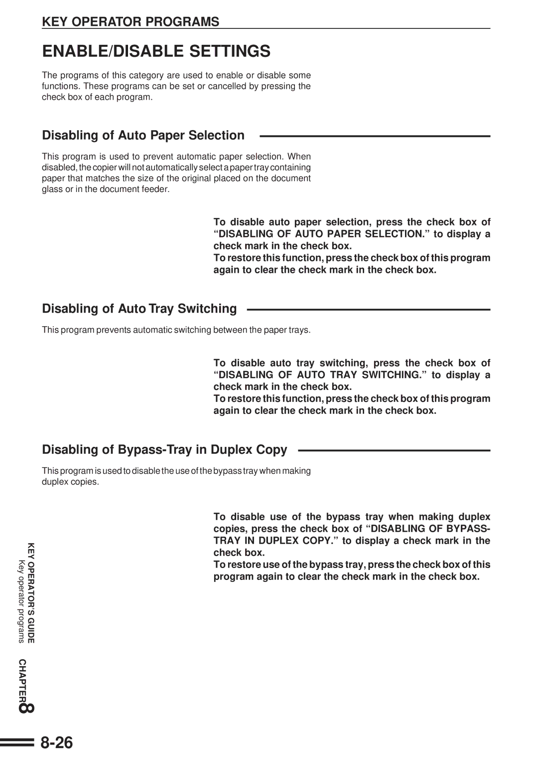 Sharp AR-507 Disabling of Auto Paper Selection, Disabling of Auto Tray Switching, Disabling of Bypass-Tray in Duplex Copy 