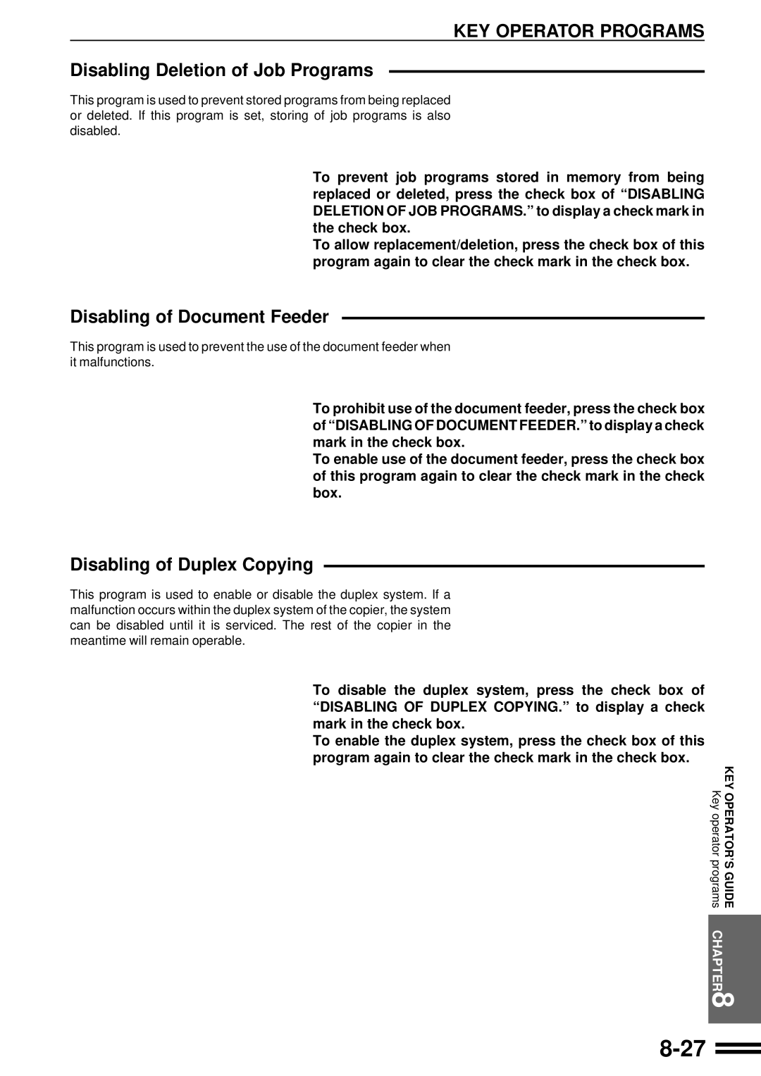 Sharp AR-507 operation manual Disabling Deletion of Job Programs, Disabling of Document Feeder, Disabling of Duplex Copying 