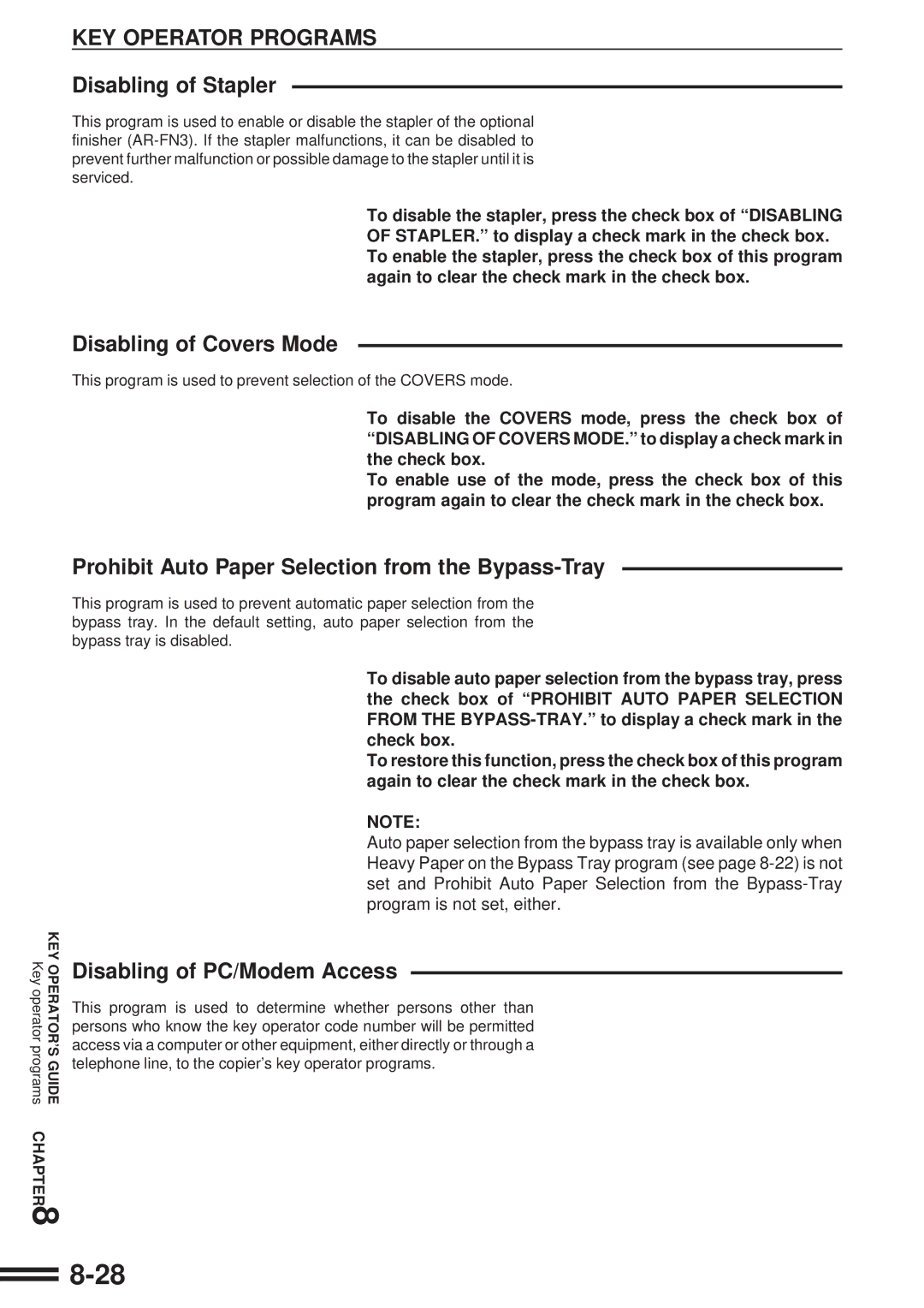 Sharp AR-507 Disabling of Stapler, Disabling of Covers Mode, Prohibit Auto Paper Selection from the Bypass-Tray 