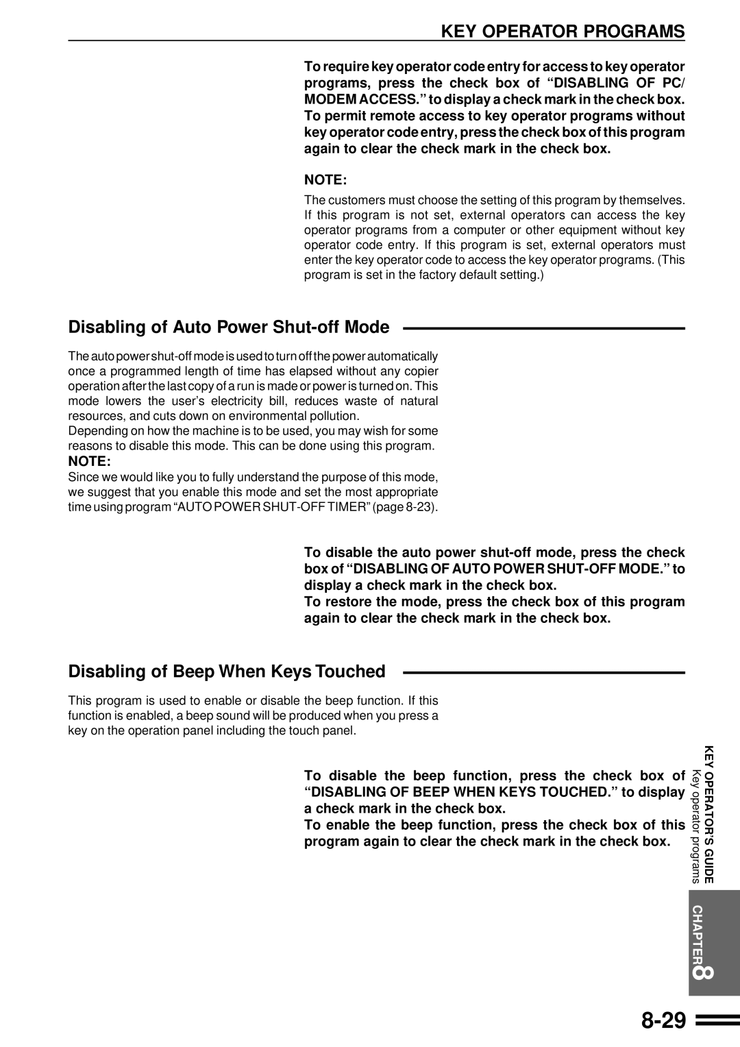 Sharp AR-507 operation manual Disabling of Auto Power Shut-off Mode, Disabling of Beep When Keys Touched 