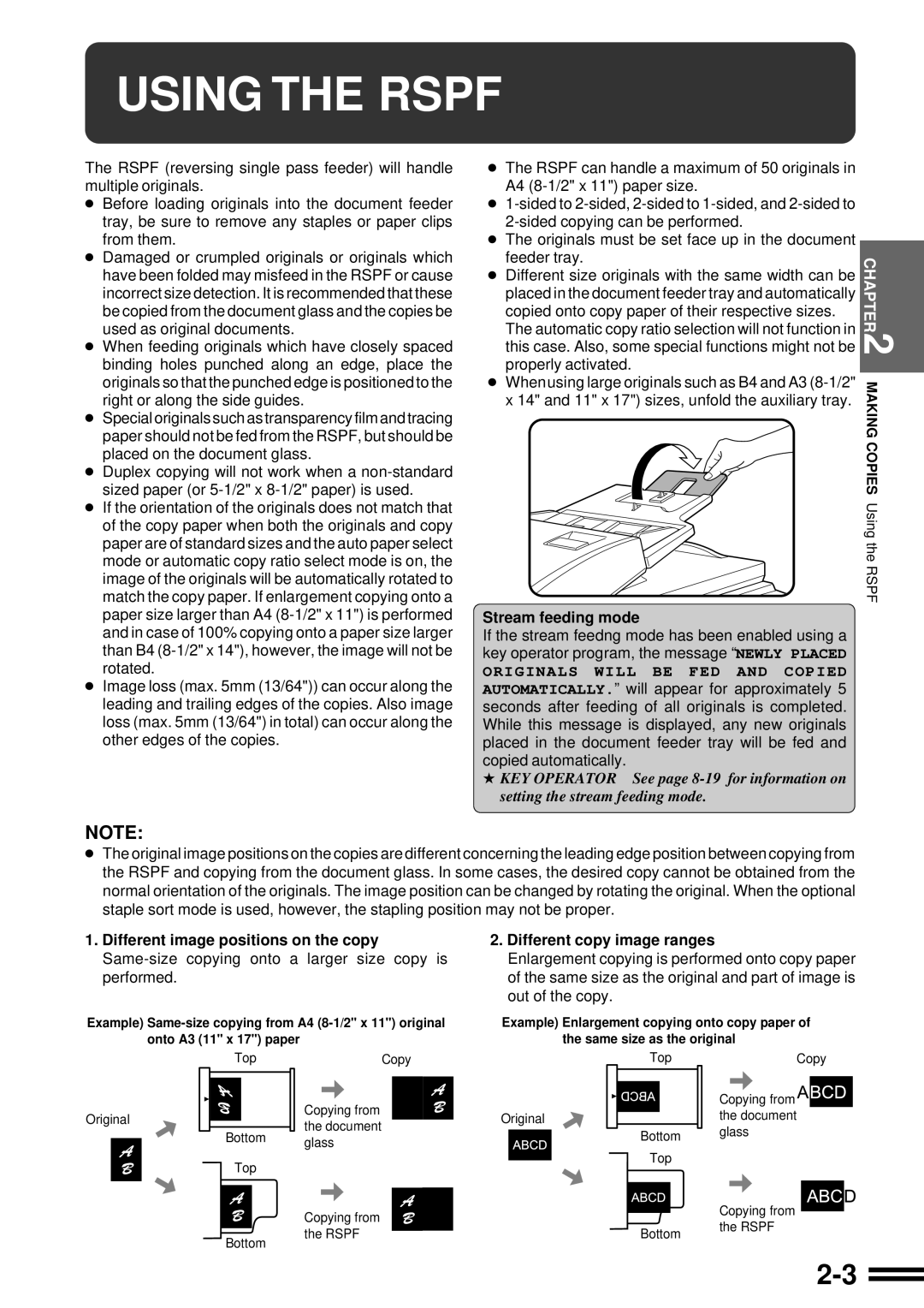 Sharp AR-507 operation manual Using the Rspf, Stream feeding mode, Different copy image ranges 