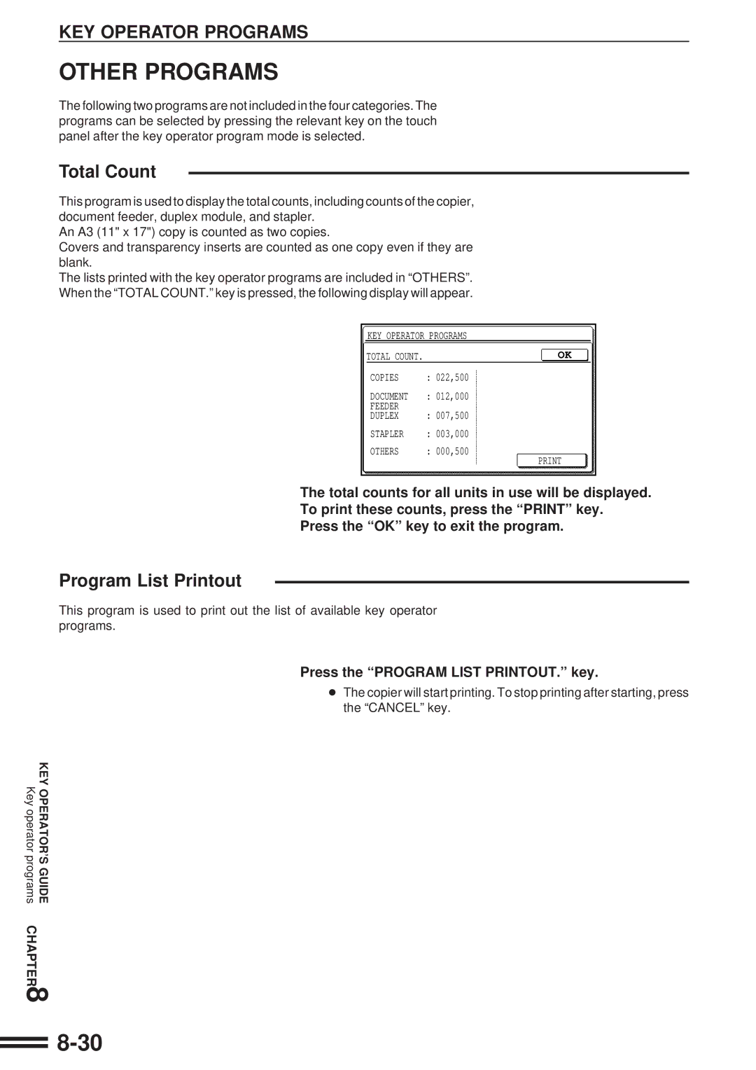 Sharp AR-507 operation manual Total Count, Program List Printout, Press the Program List PRINTOUT. key 