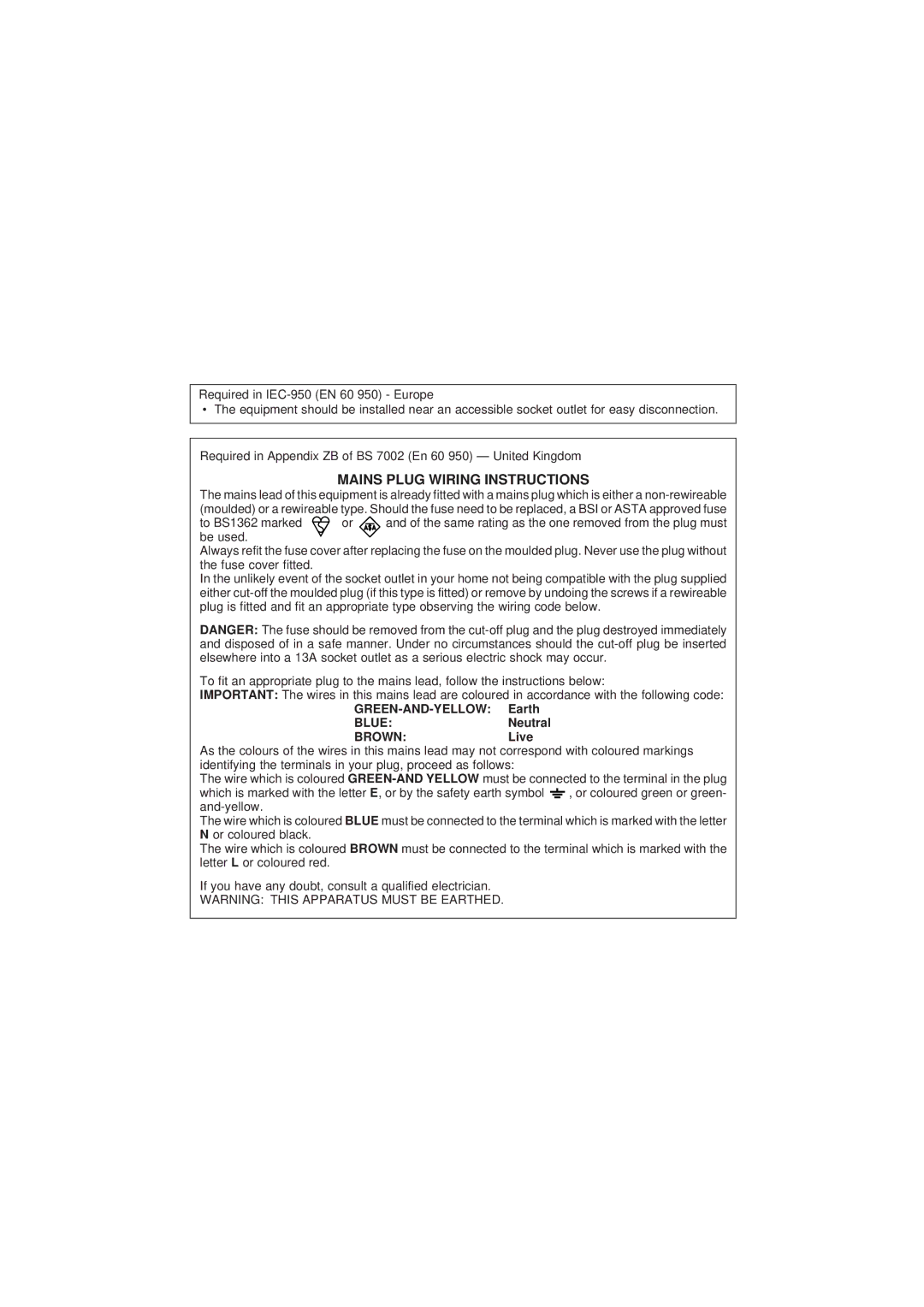 Sharp AR-507 operation manual Mains Plug Wiring Instructions 