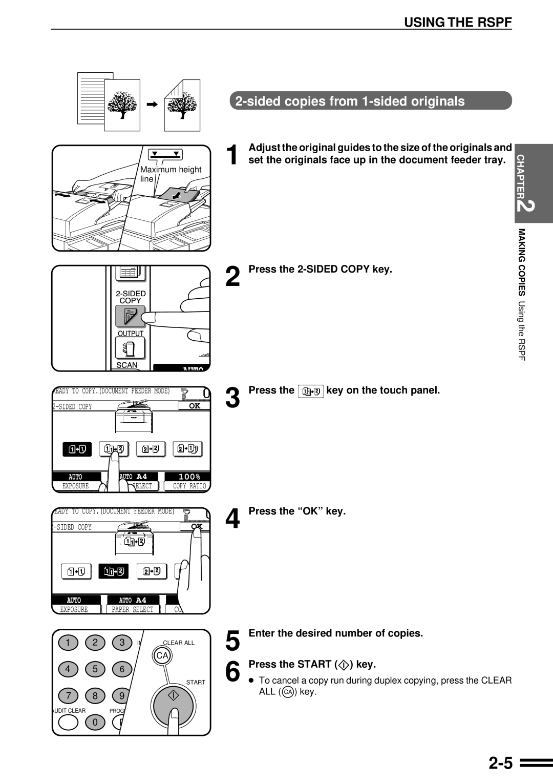 Sharp AR-507 Sided copies from 1-sided originals, Press the 2-SIDED Copy key, Press the key on the touch panel 