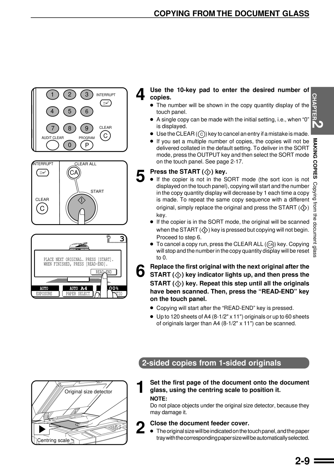 Sharp AR-507 operation manual Copying from the Document Glass, Replace the first original with the next original after 