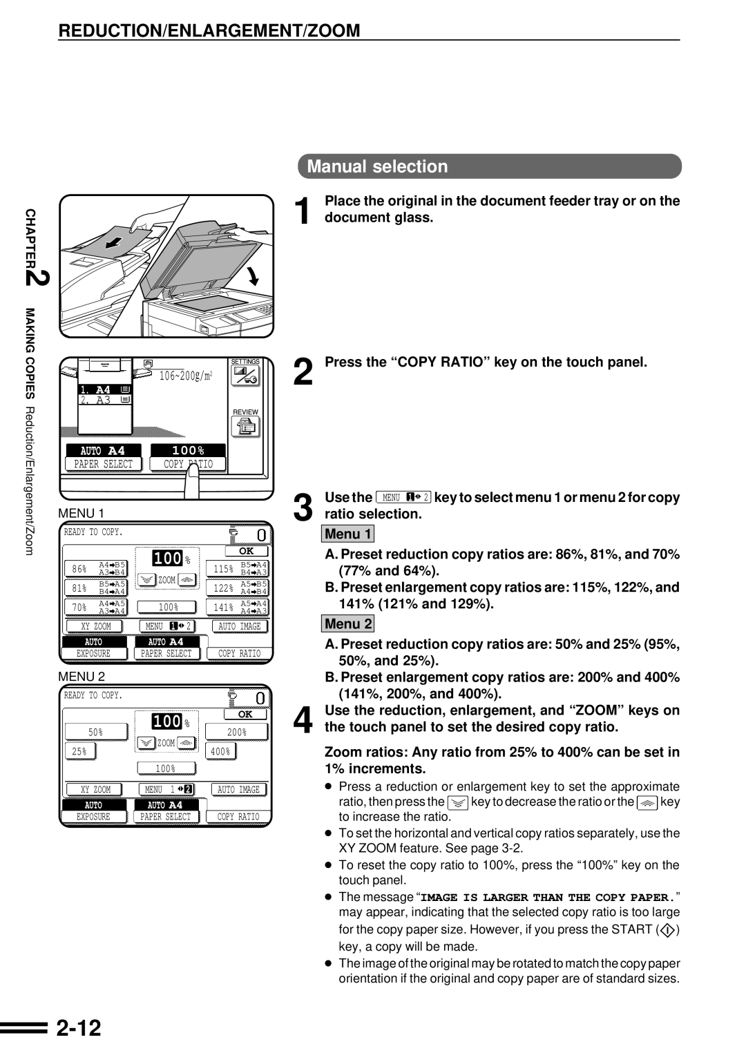 Sharp AR-507 operation manual Reduction/Enlargement/Zoom, Manual selection 