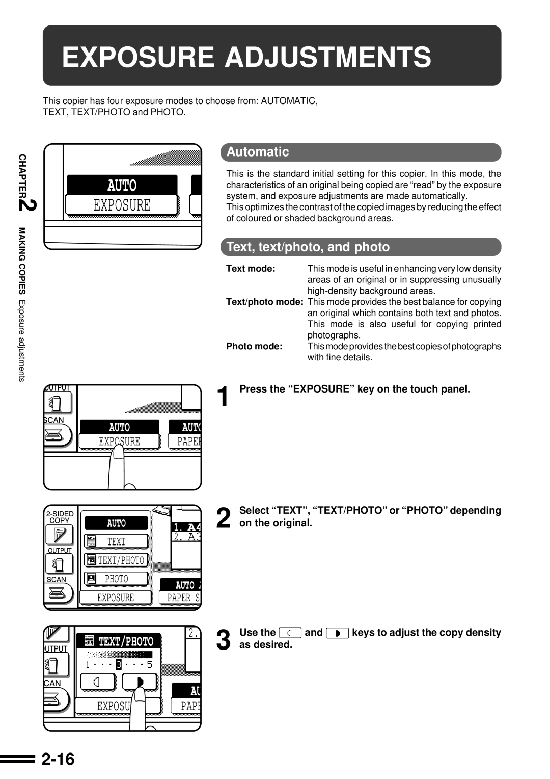 Sharp AR-507 operation manual Exposure Adjustments, Automatic, Text, text/photo, and photo 